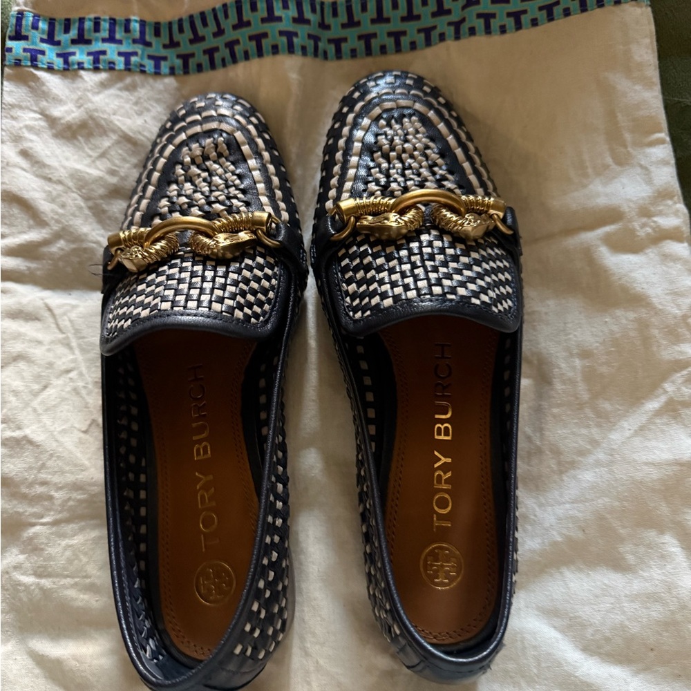 Tory Burch Navy  and cream Woven Flats with gold on the toe